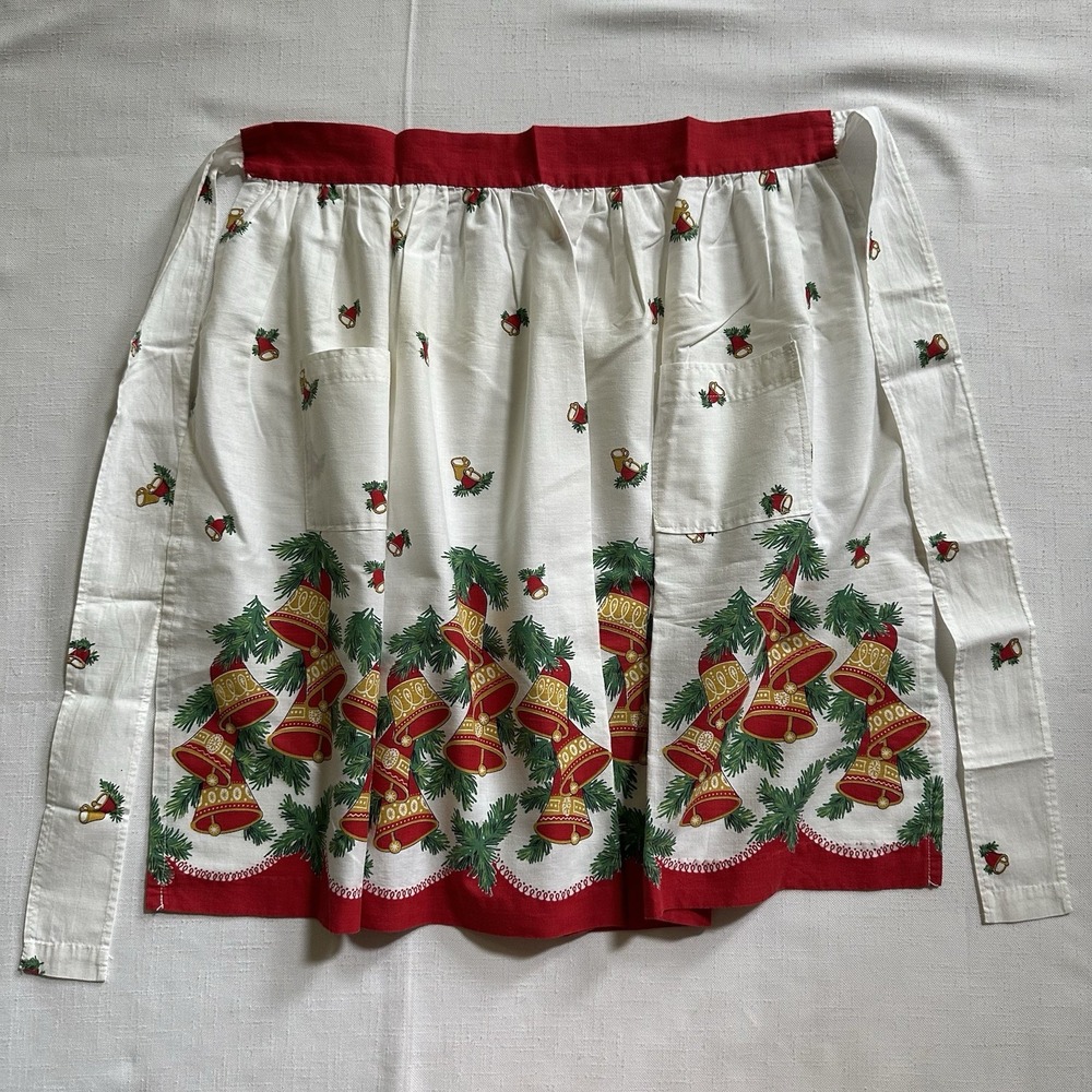 Vtg MCM Christmas Half Apron 1950s Holly Berry Festive Bells 21.5" Long Pockets - Picture 8 of 12